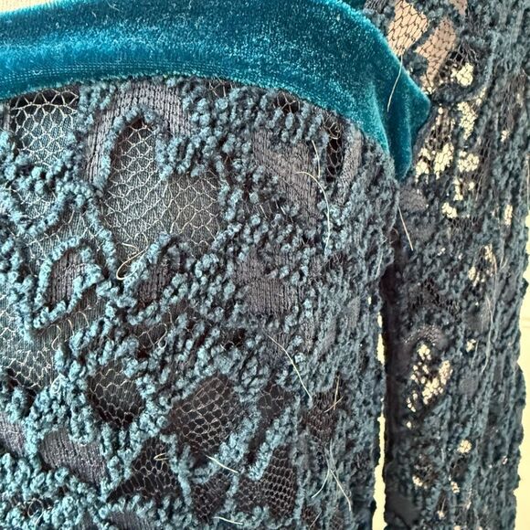 Free People Teal Lace Velvet Trim Long Sleeve Mini Dress M - Picture 5 of 11